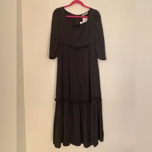 Missk, Black MIDI Bohemian dress, matte satin, square neckline, size Small, BNWT